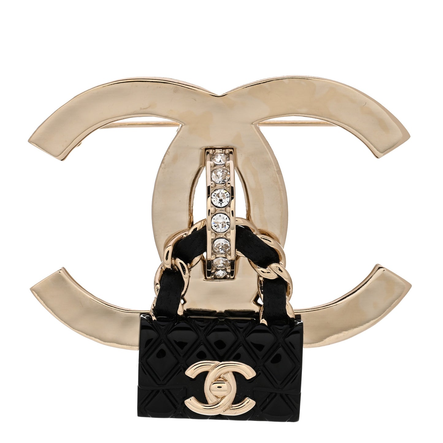 Crystal Resin CC Flap Bag Brooch Gold Black