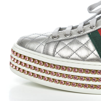 Gucci Laminated Nappa Crystal Web Bee Embroidered Trapuntata Womens Ace Platform Sneakers 36.5 Argento 15 of 21