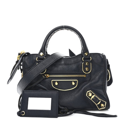 Balenciaga Chevre Gold Metallic Edge Hardware Mini City  Bleu Nuit Dark Sea 3 of 11