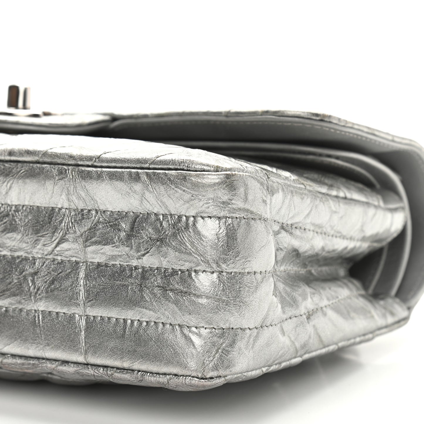 Metallic Crumpled Calfskin Chevron Quilted Mini Rectangular Flap Silver