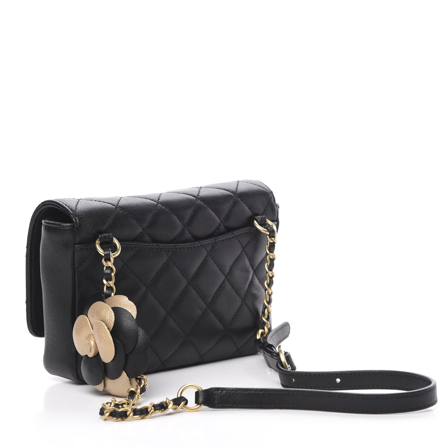 Lambskin Quilted Camellia Flower Waist Flap Black