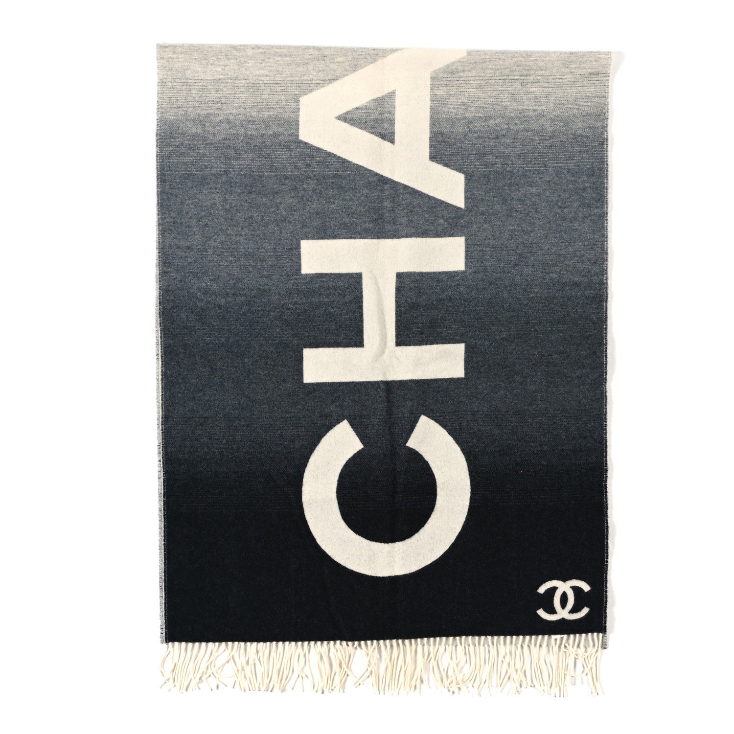 Chanel Cashmere Wool Logo Scarf Grey White 2 of 3