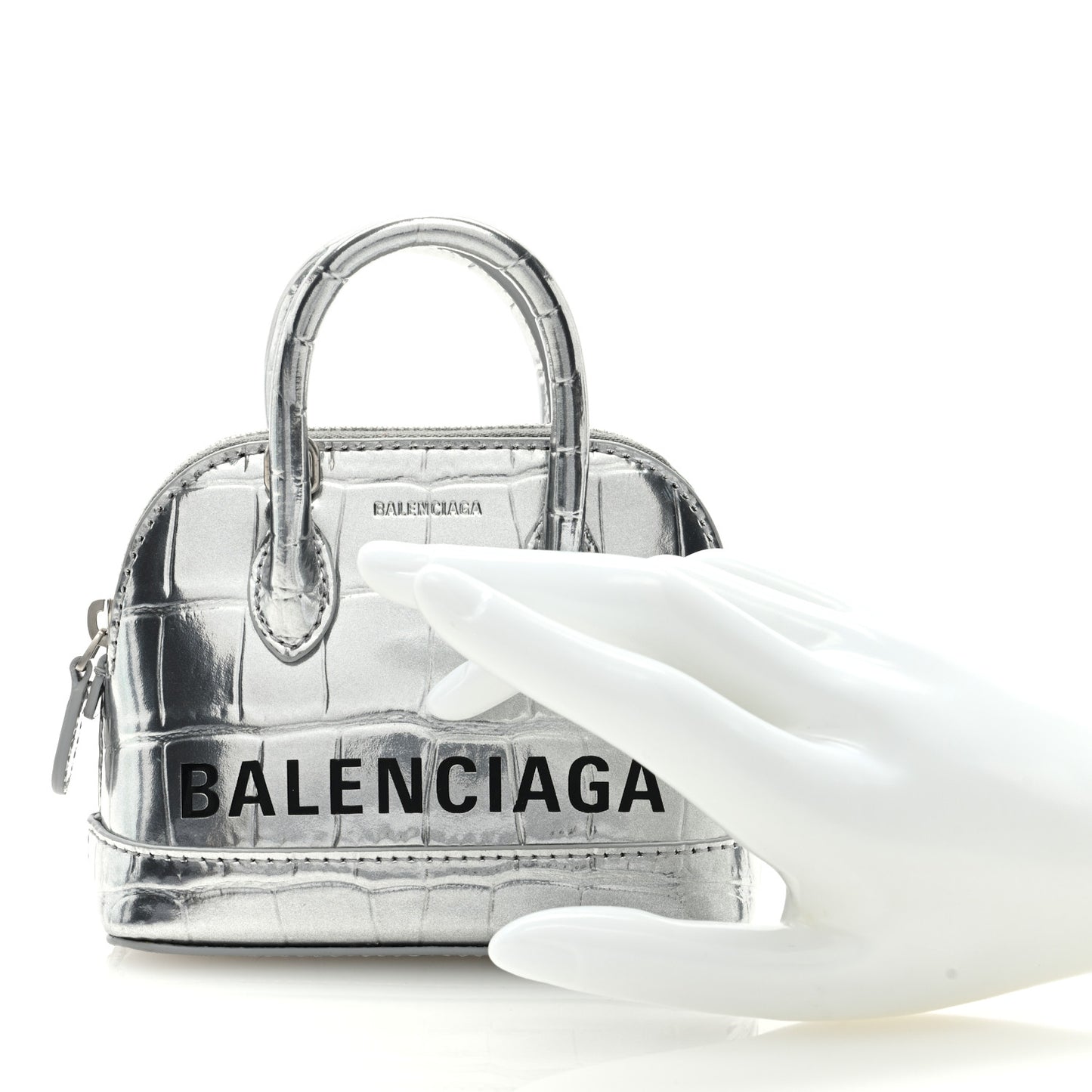 Metallic Calfskin Logo Crocodile Embossed Mini Ville Top Handle Bag Silver Black