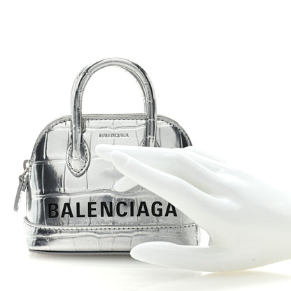 Balenciaga Metallic Calfskin Logo Crocodile Embossed Mini Ville Top Handle Bag Silver Black 2 of 6