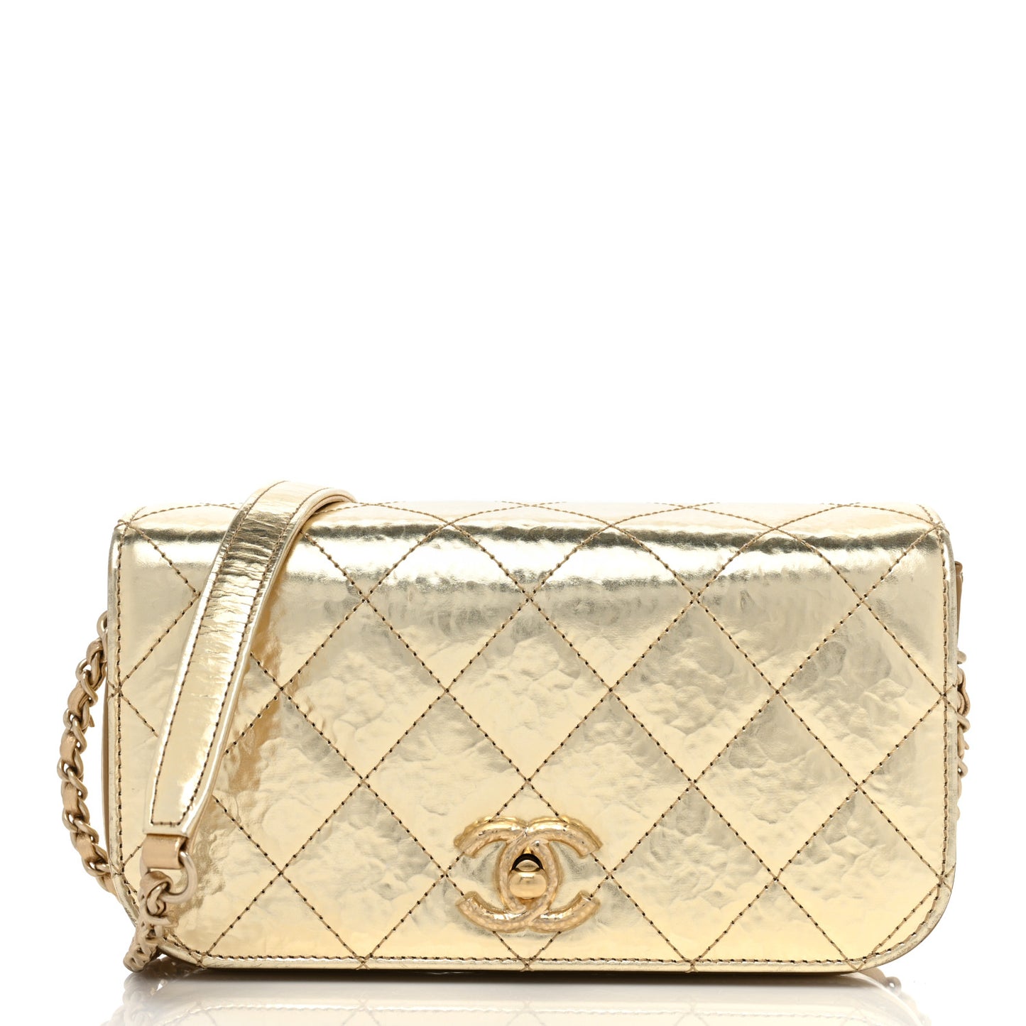 Hammered Metallic Calfskin Quilted Flap Gold