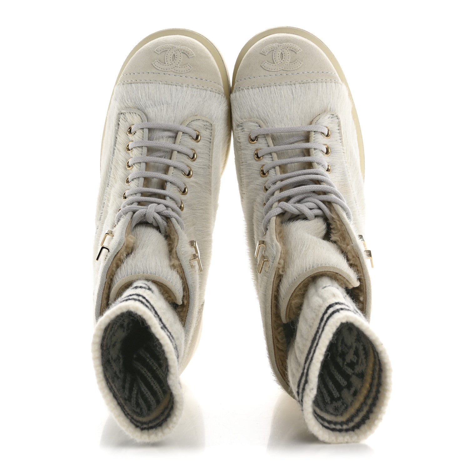 Chanel Suede Pony Hair Shearling Lace Up Combat Boots 36.5 White 2 of 9