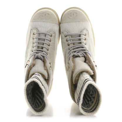 Chanel Suede Pony Hair Shearling Lace Up Combat Boots 36.5 White 2 of 9