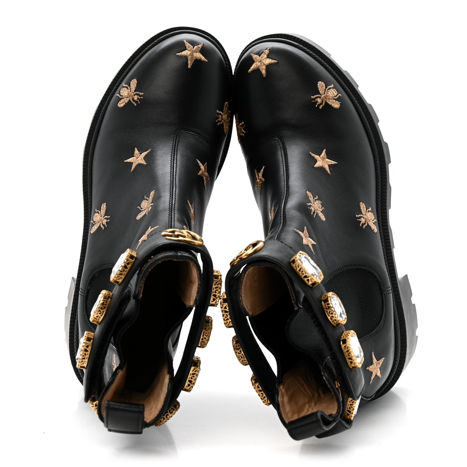Gucci Calfskin Bee Star Embroidered Belt Ankle Boots 38 Black 2 of 12