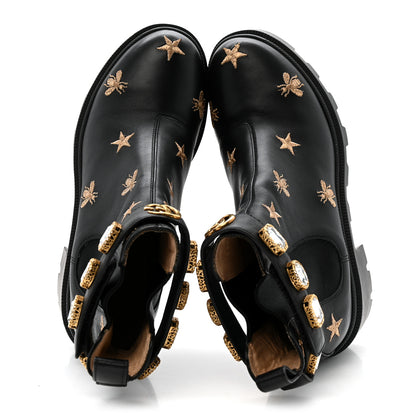 Gucci Calfskin Bee Star Embroidered Belt Ankle Boots 38 Black 2 of 12