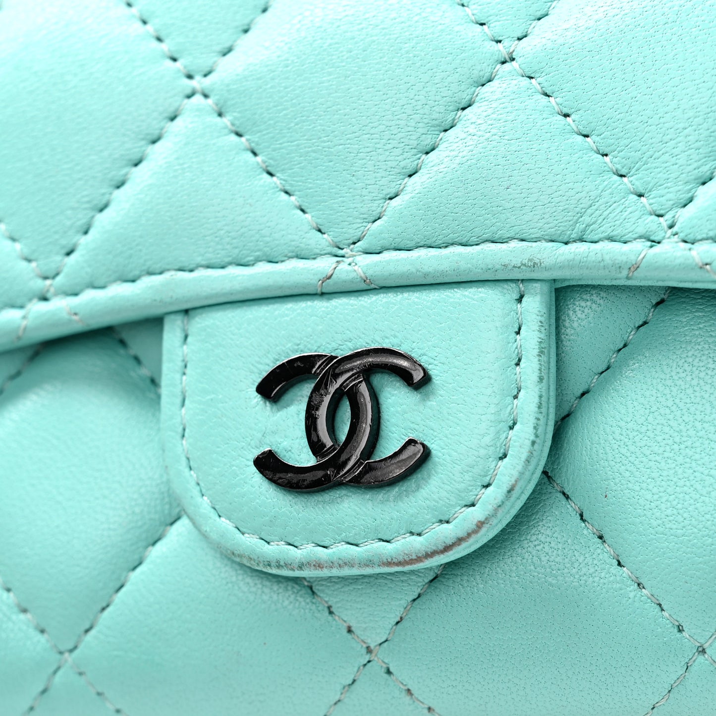 Lambskin Quilted Flap Card Holder Wallet Light Blue