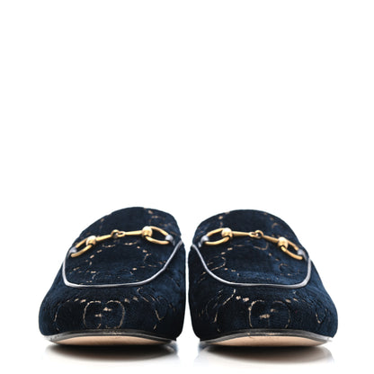 Gucci Velvet GG Monogram Womens Princetown Slippers 37 Blue Beige 2 of 4