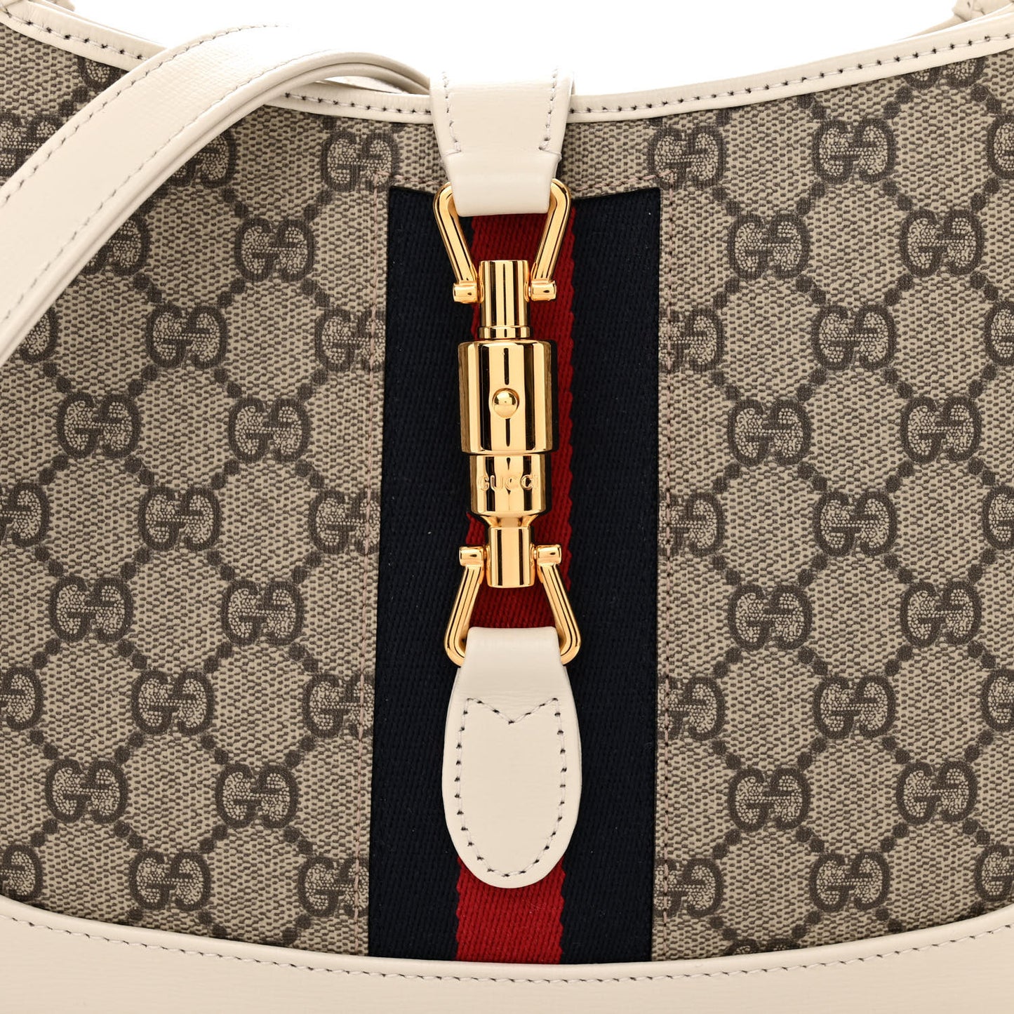 GG Supreme Monogram Azalea Calfskin Web Small Jackie 1961 Hobo Beige Ebony Mystic White