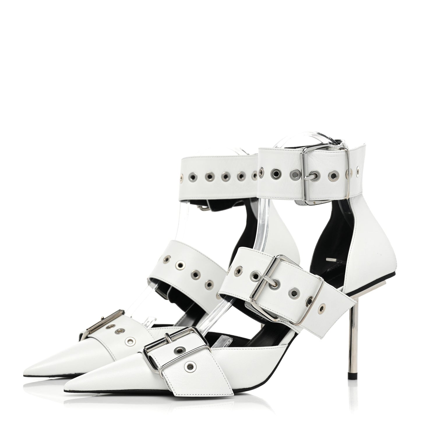 Shiny Kidskin Point Toe Buckle Pumps 38 White