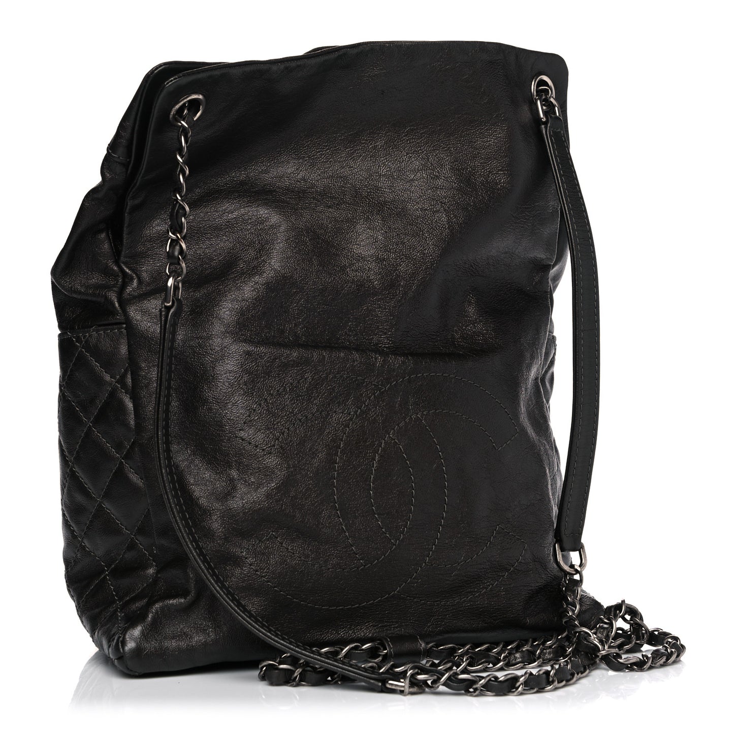 Metallic Lambskin Quilted Drawstring Backpack Dark Grey