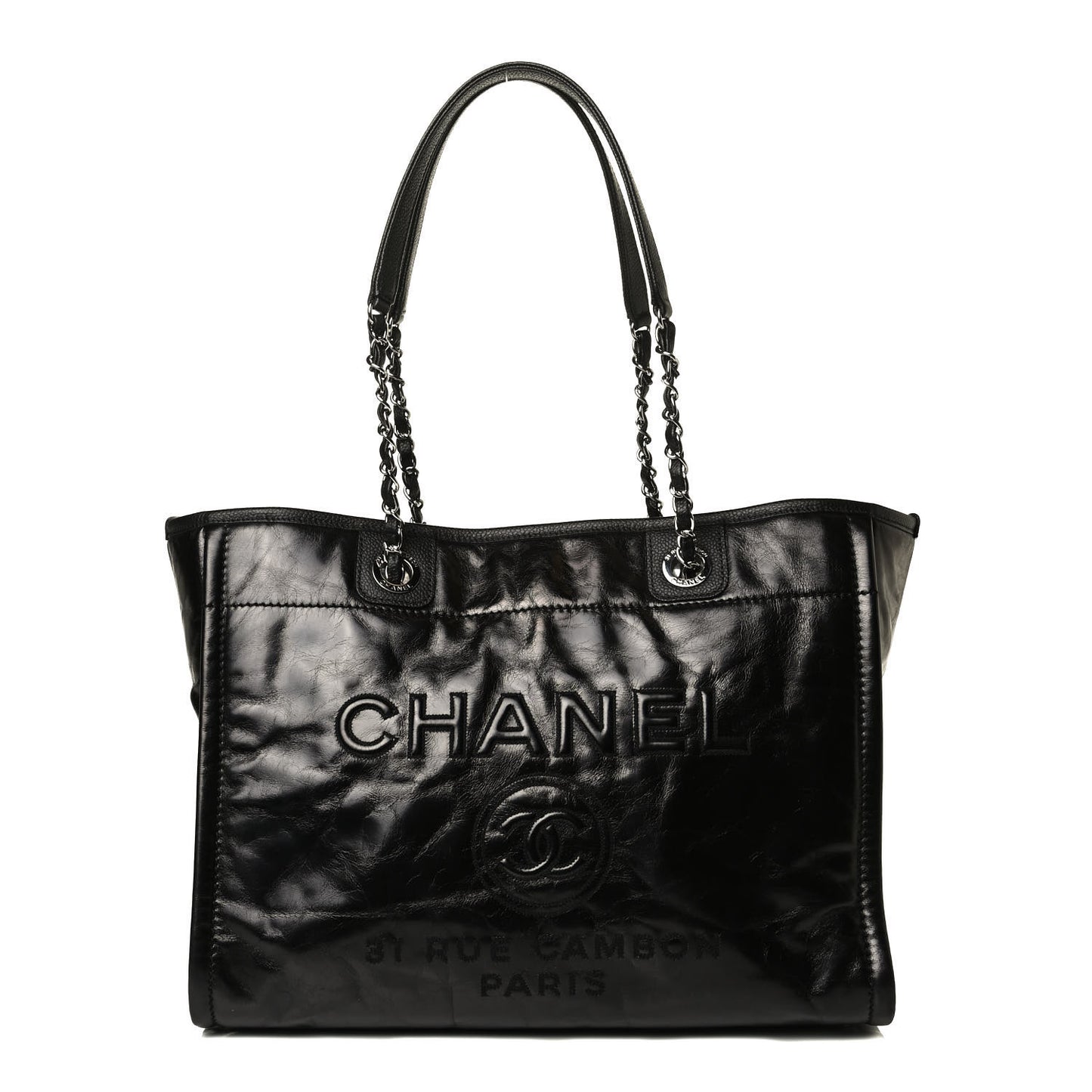 Glazed Calfskin Small Deauville Tote Black
