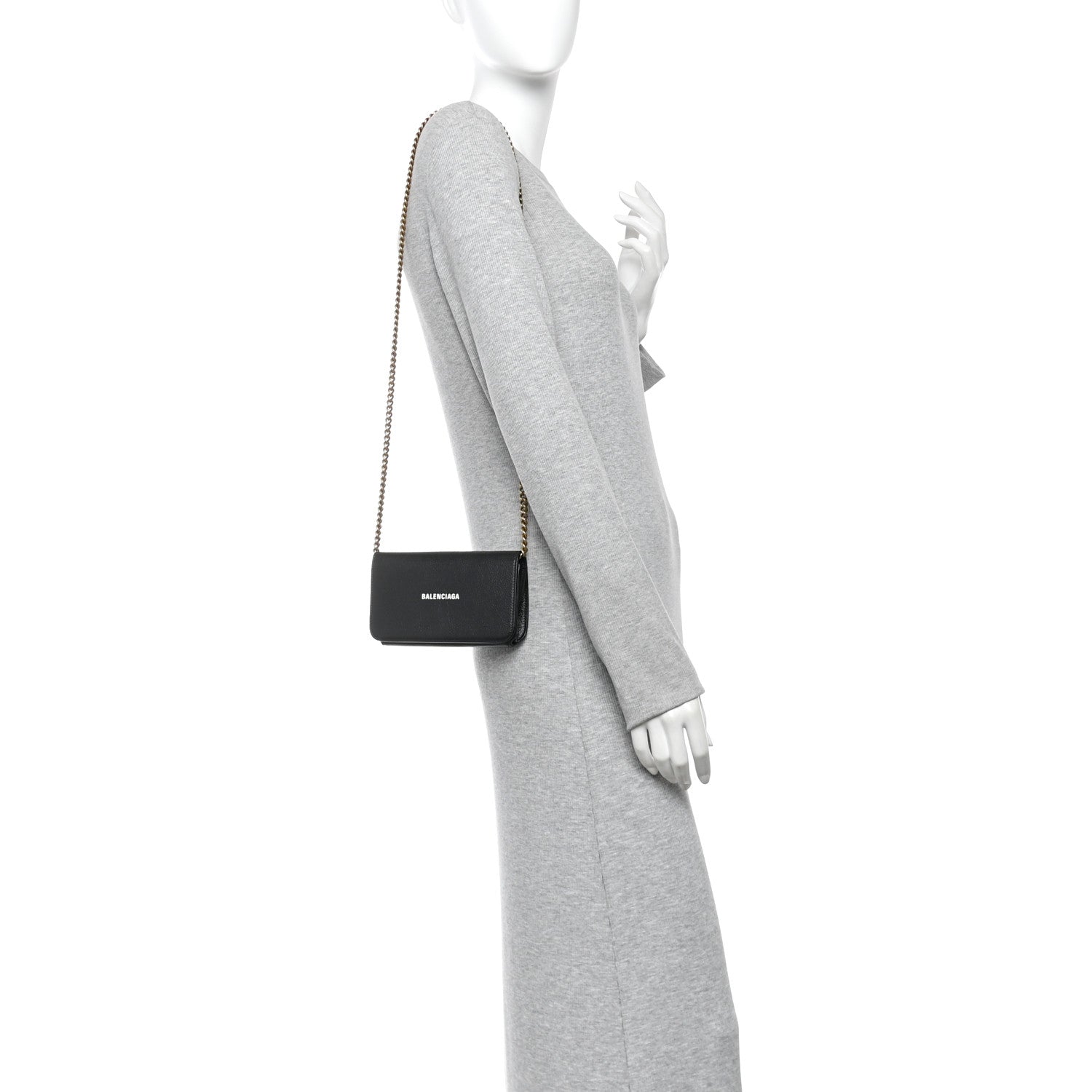 Balenciaga Grained Calfskin Logo Cash Phone Holder Wallet On Chain Black White 2 of 9