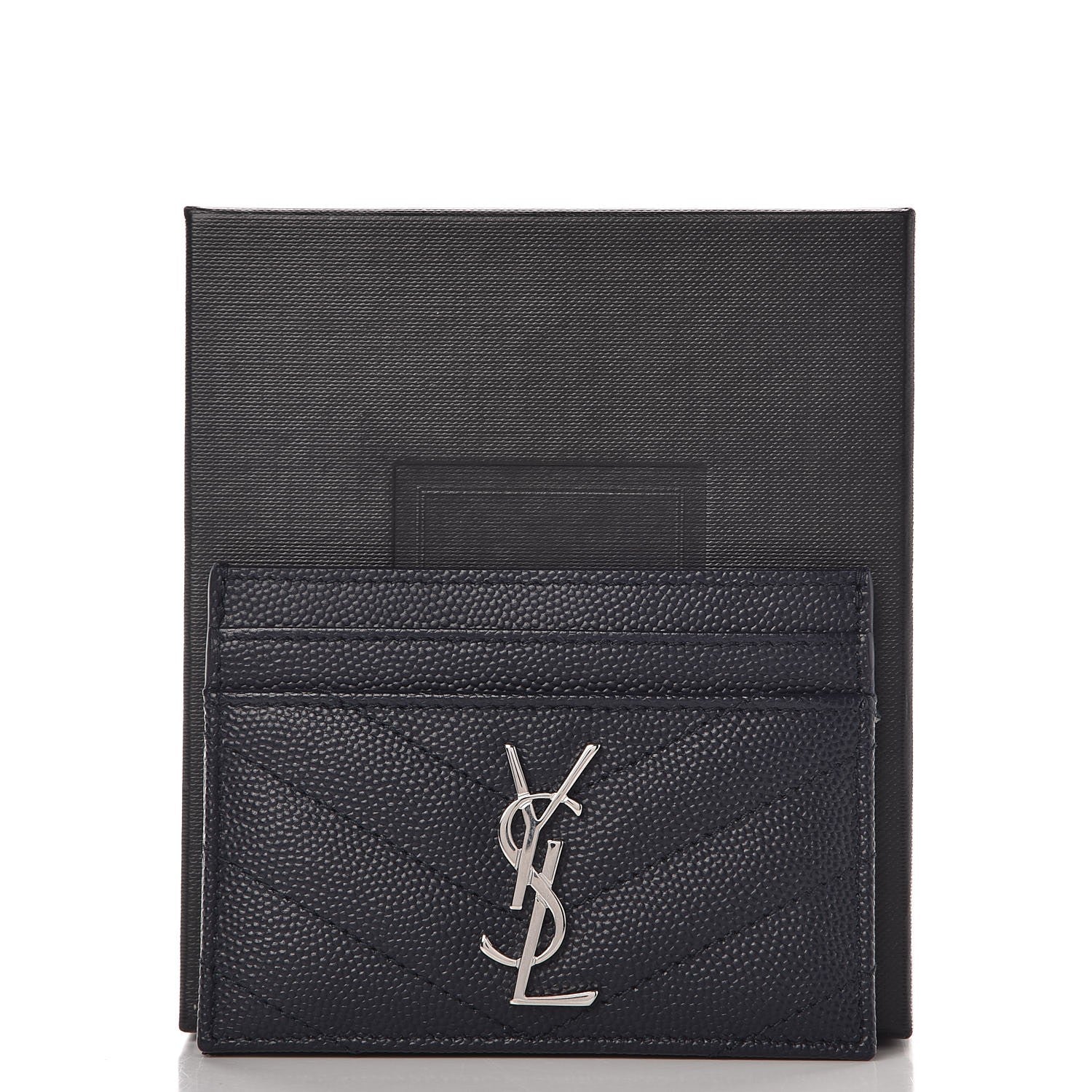 Saint Laurent Grain De Poudre Matelasse Monogram Chevron Credit Card Case Deep Marine 8 of 8