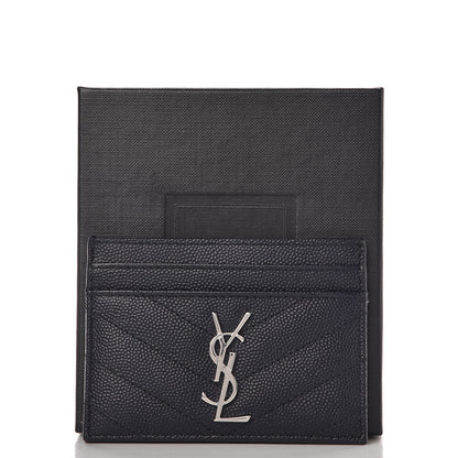 Saint Laurent Grain De Poudre Matelasse Monogram Chevron Credit Card Case Deep Marine 8 of 8
