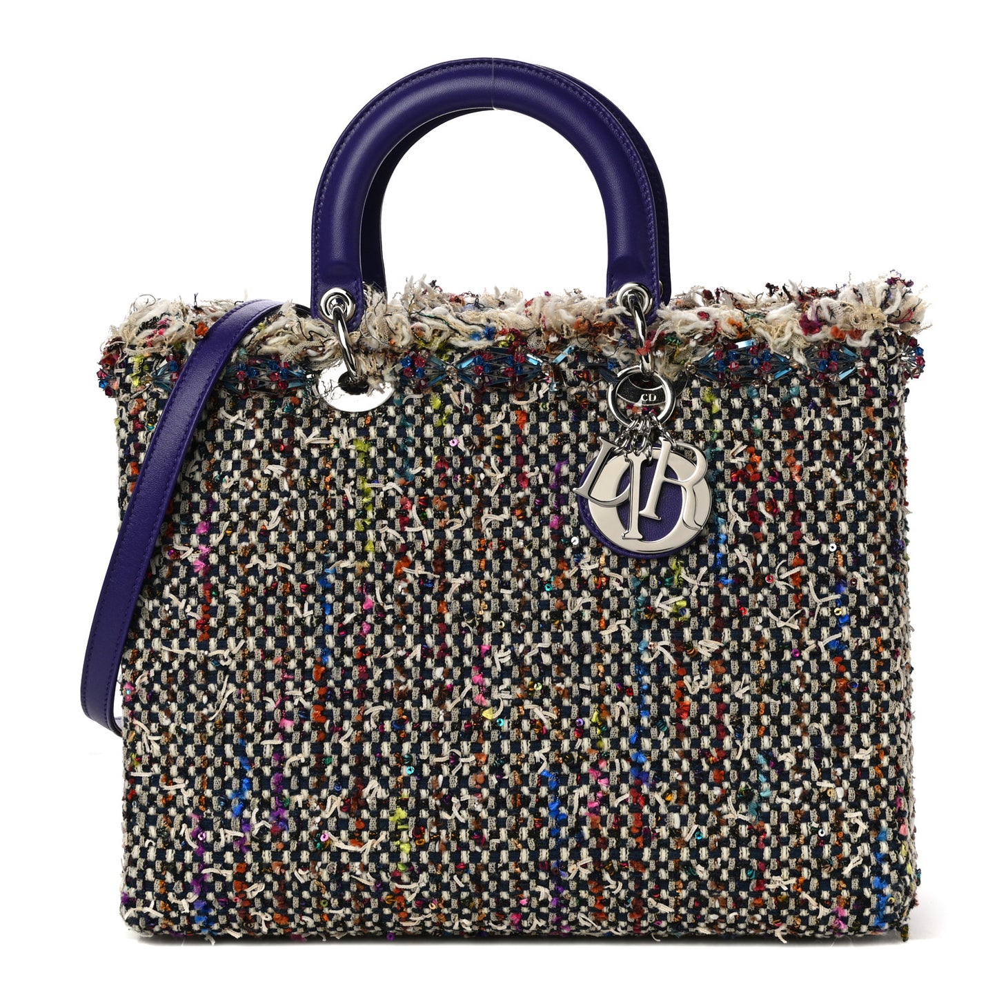Tweed Embroidered Fringe Large Lady Dior Multicolor Purple