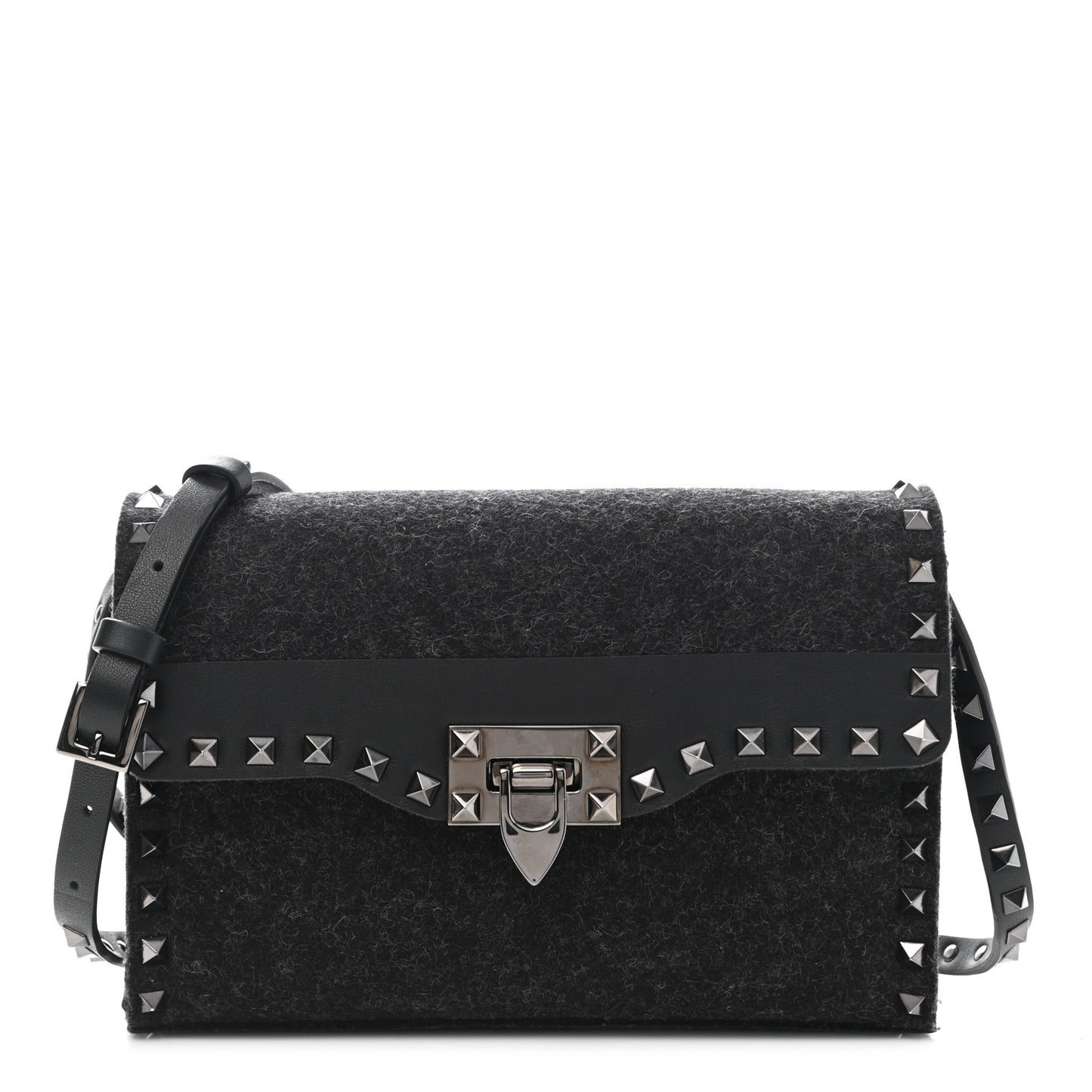 Wool Calfskin Medium Rockstud Flip Lock Crossbody Bag Black