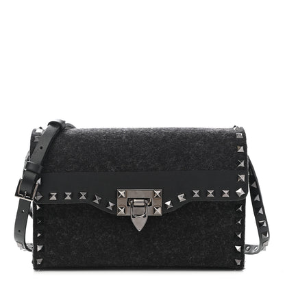 Valentino Garavani Wool Calfskin Medium Rockstud Flip Lock Crossbody Bag Black 1 of 9