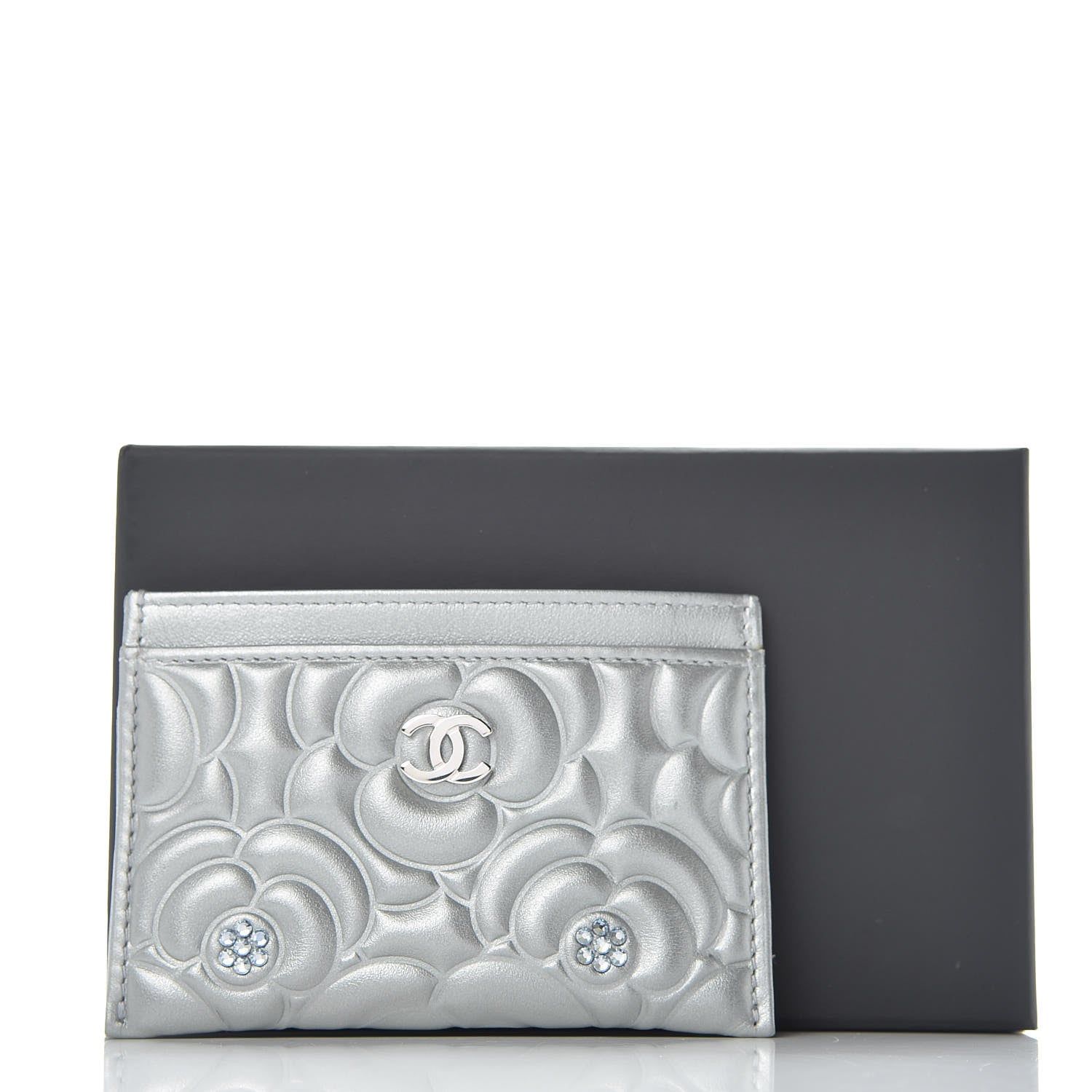 Chanel Metallic Lambskin Crystal Camellia Embossed Card Holder Silver 11 of 11