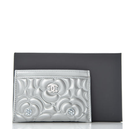 Chanel Metallic Lambskin Crystal Camellia Embossed Card Holder Silver 11 of 11