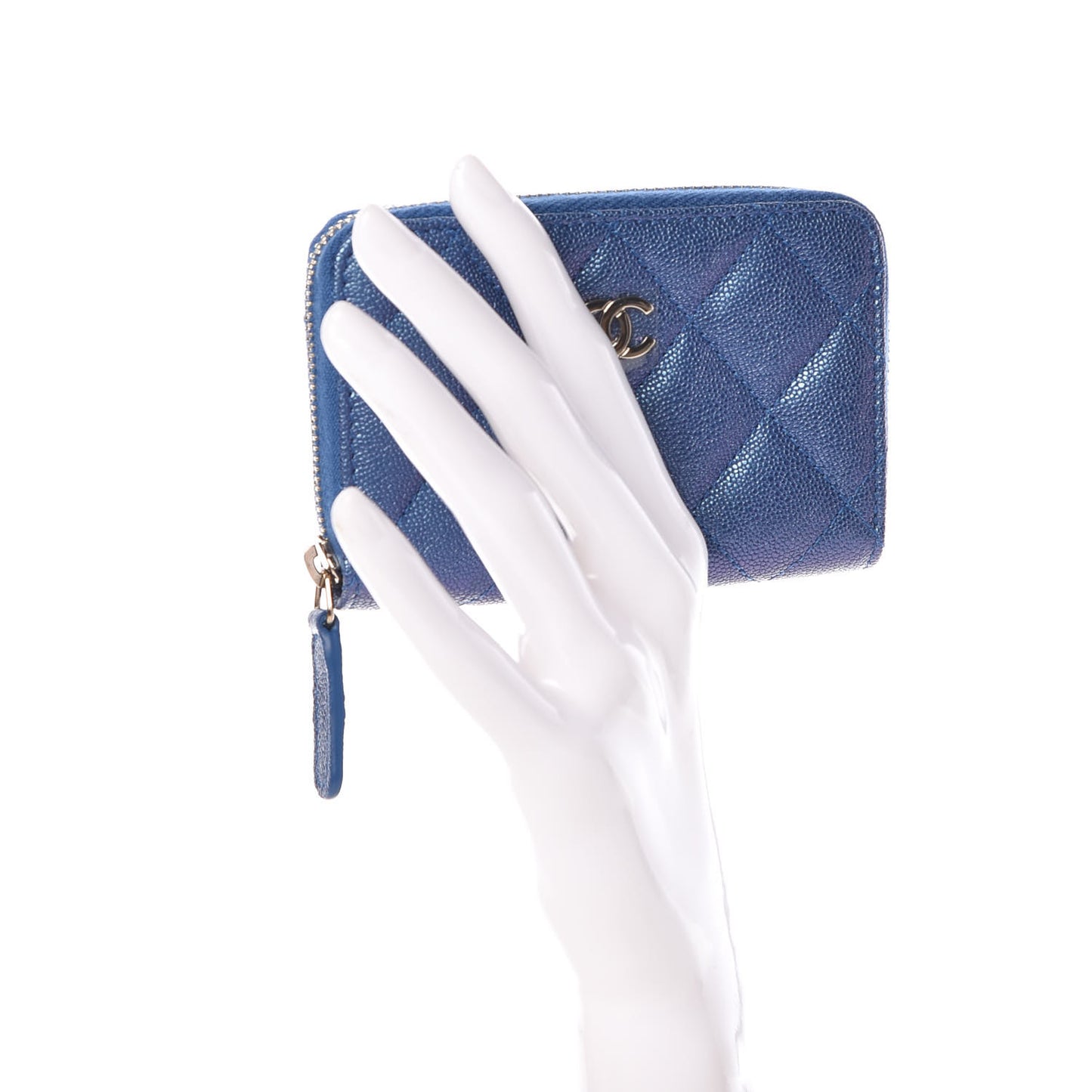 Metallic Caviar Quilted Zip Coin Purse Dark Blue