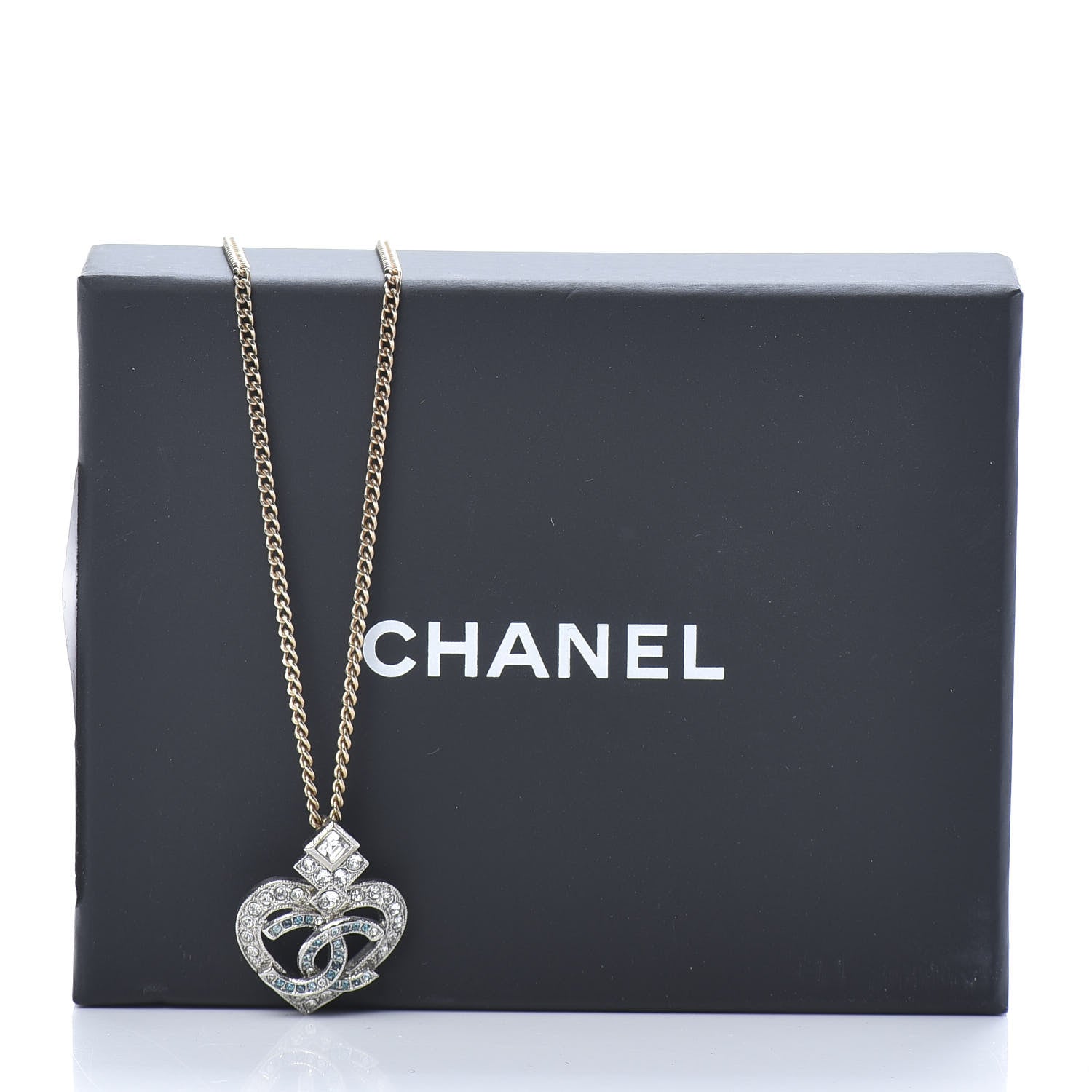 Chanel Crystal Heart CC Pendant Necklace Gold Silver Blue 3 of 5