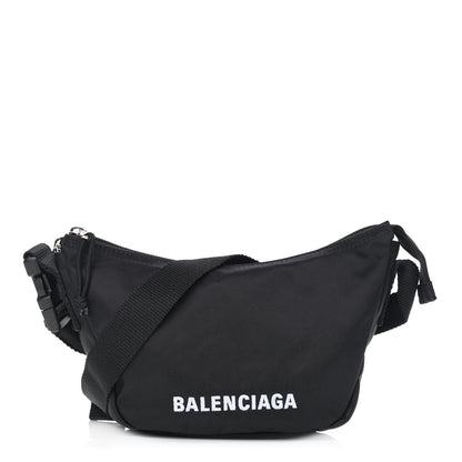 Balenciaga Recycled Sport Nylon Logo Embroidered Wheel Sling Bag Black White 1 of 9