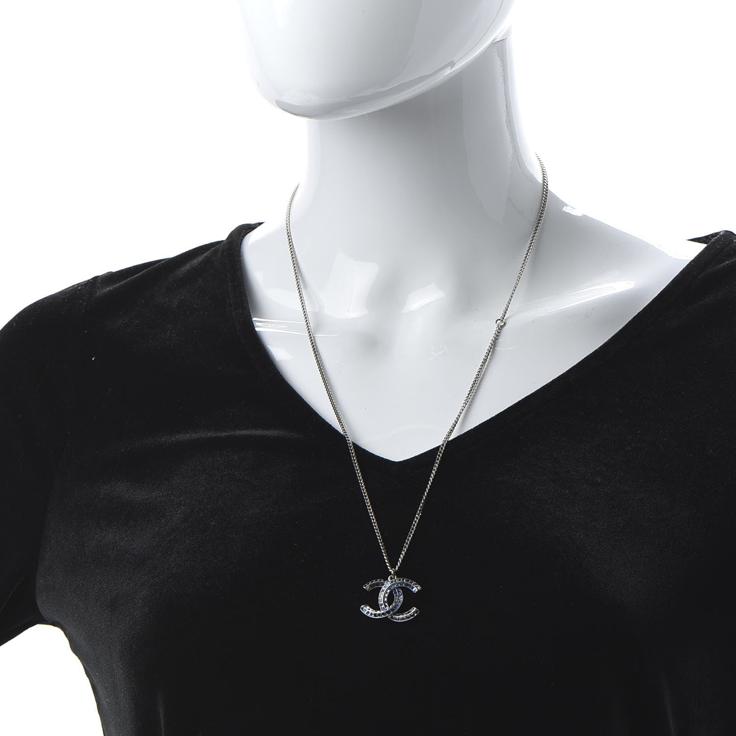 Chanel Crystal Baguette CC Necklace Silver Blue 2 of 7