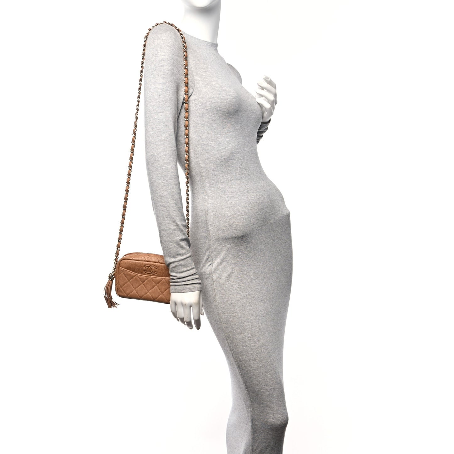 Caviar Quilted Mini Coco Tassel Camera Case Beige