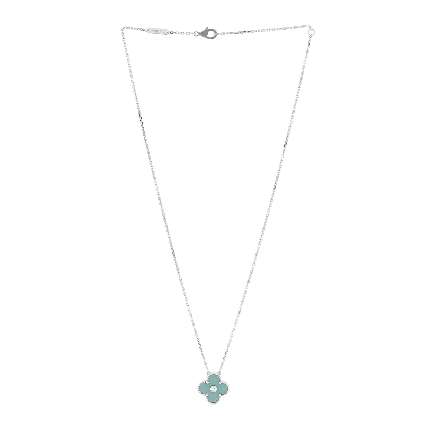 18K White Gold Diamond Celadon Green Sevres Porcelain Vintage Alhambra Pendant Necklace