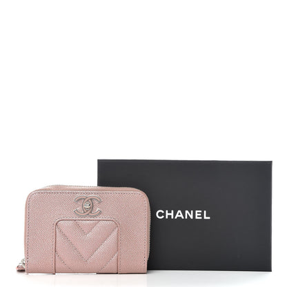 Chanel Metallic Caviar Chevron Quilted Vintage Mademoiselle Zip Coin Purse Pink 8 of 8