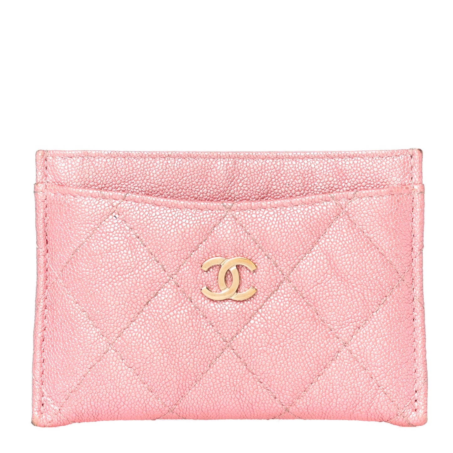 Iridescent Caviar Quilted Card Holder Pink