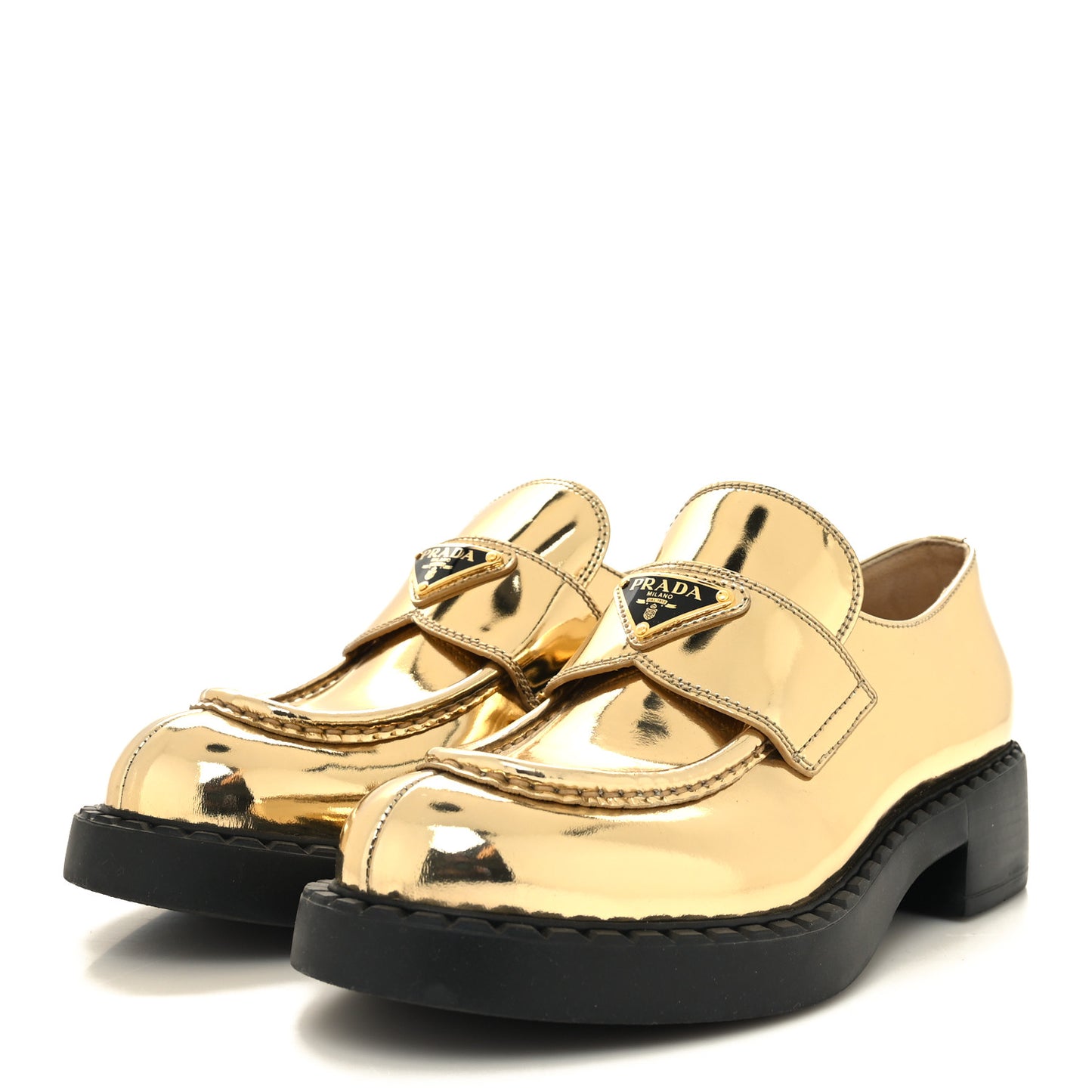 Metallic Brushed Calfskin Metal Triangle Logo 50mm Loafers 38.5 Platino