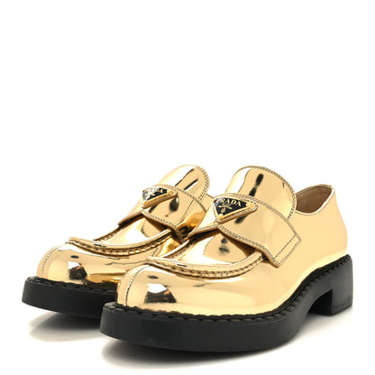 Prada Metallic Brushed Calfskin Metal Triangle Logo 50mm Loafers 38.5 Platino 3 of 8