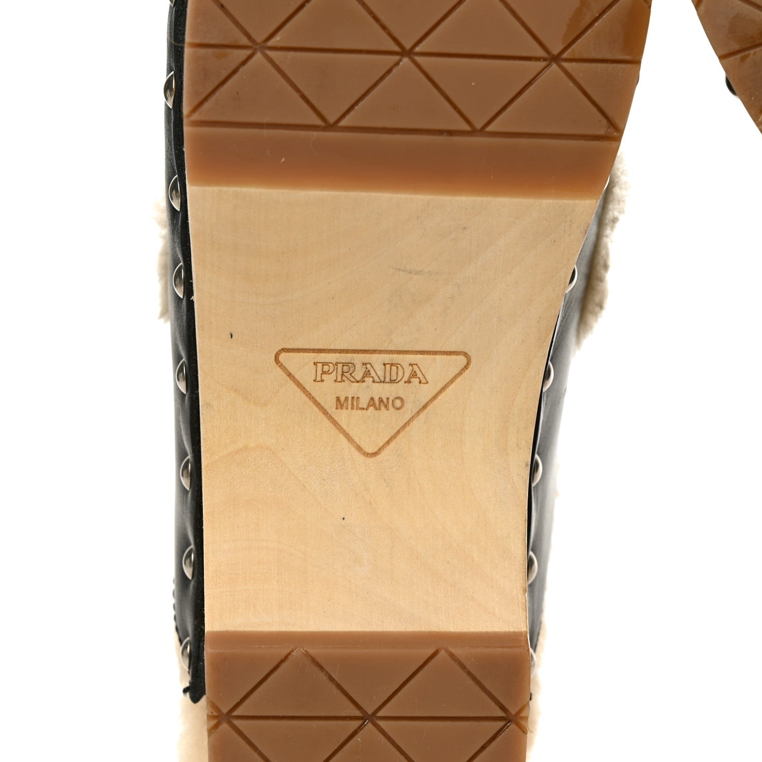 Prada Natural Calfskin Shearling Metal Triangle Logo 45mm Clogs 40 Black Sabbia 6 of 10