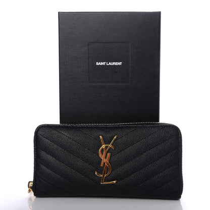 Saint Laurent Grain De Poudre Matelasse Chevron Monogram Zip Around Wallet Black 8 of 8