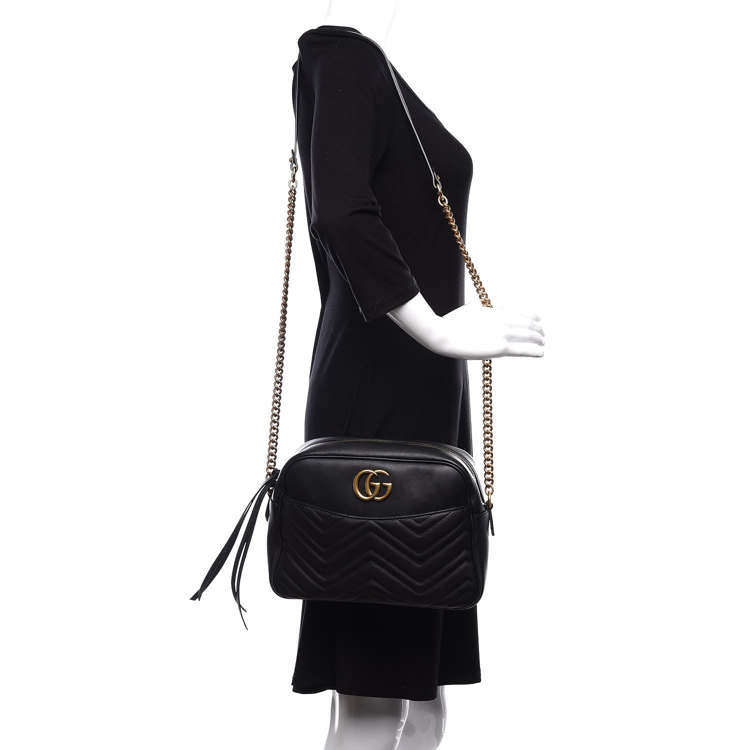 Gucci Calfskin Matelasse Medium GG Marmont Chain Shoulder Bag Black 2 of 11