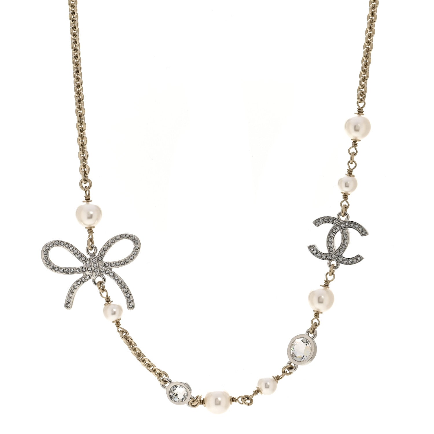 Chanel Pearl Crystal CC Bow Necklace Gold 1 of 6