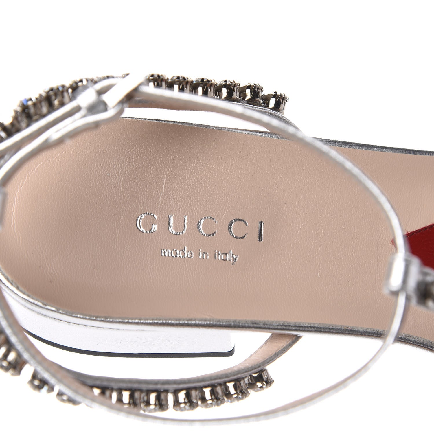 Gucci Nappa Silk Crystal Bertie T-Strap Low Heel Sandals 35.5 Argento 7 of 8