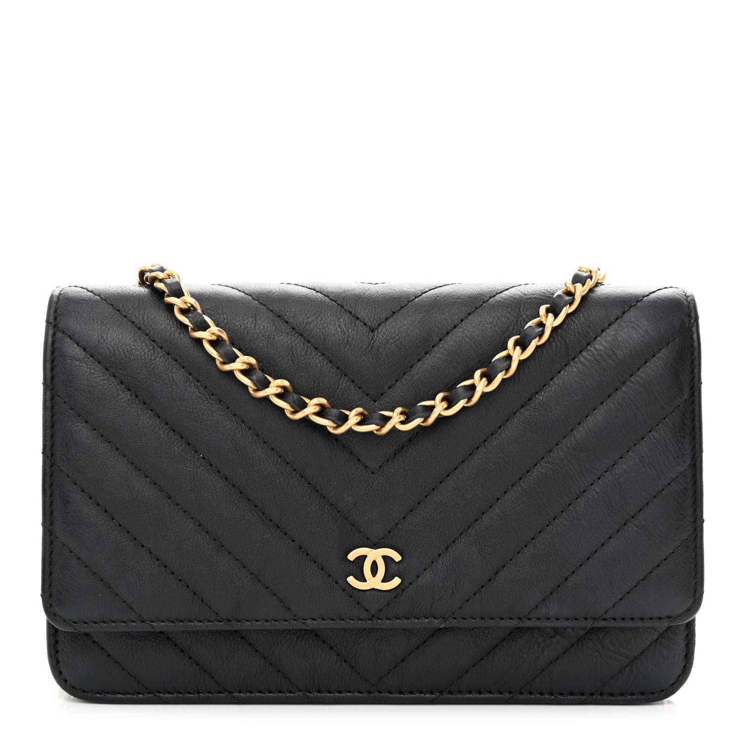 Chanel Crumpled Calfskin Chevron Quilted Wallet On Chain WOC Black 1 of 12