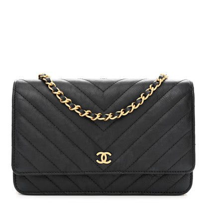 Chanel Crumpled Calfskin Chevron Quilted Wallet On Chain WOC Black 1 of 12