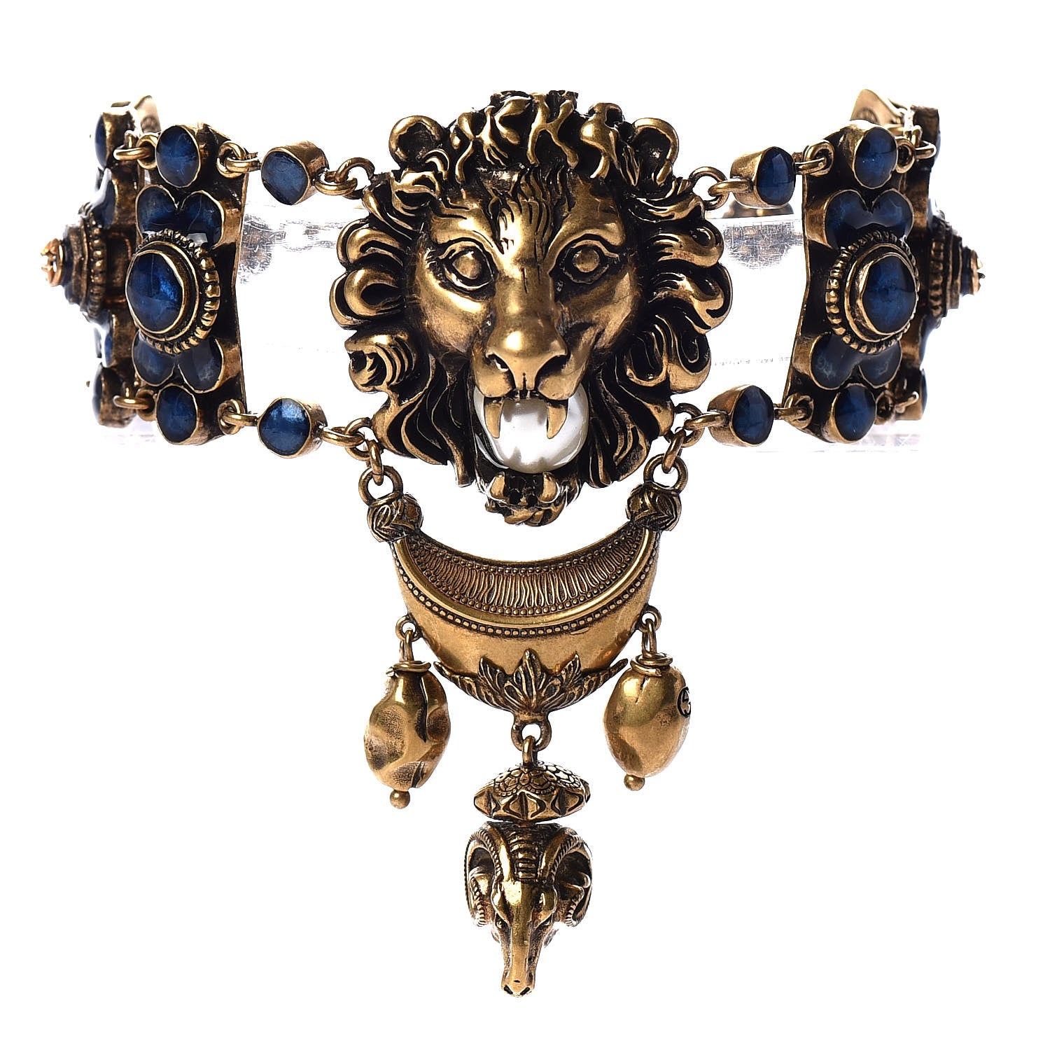 Gucci Metal Resin Pearl Lion Head Bracelet Aged Gold Blue 1 of 4