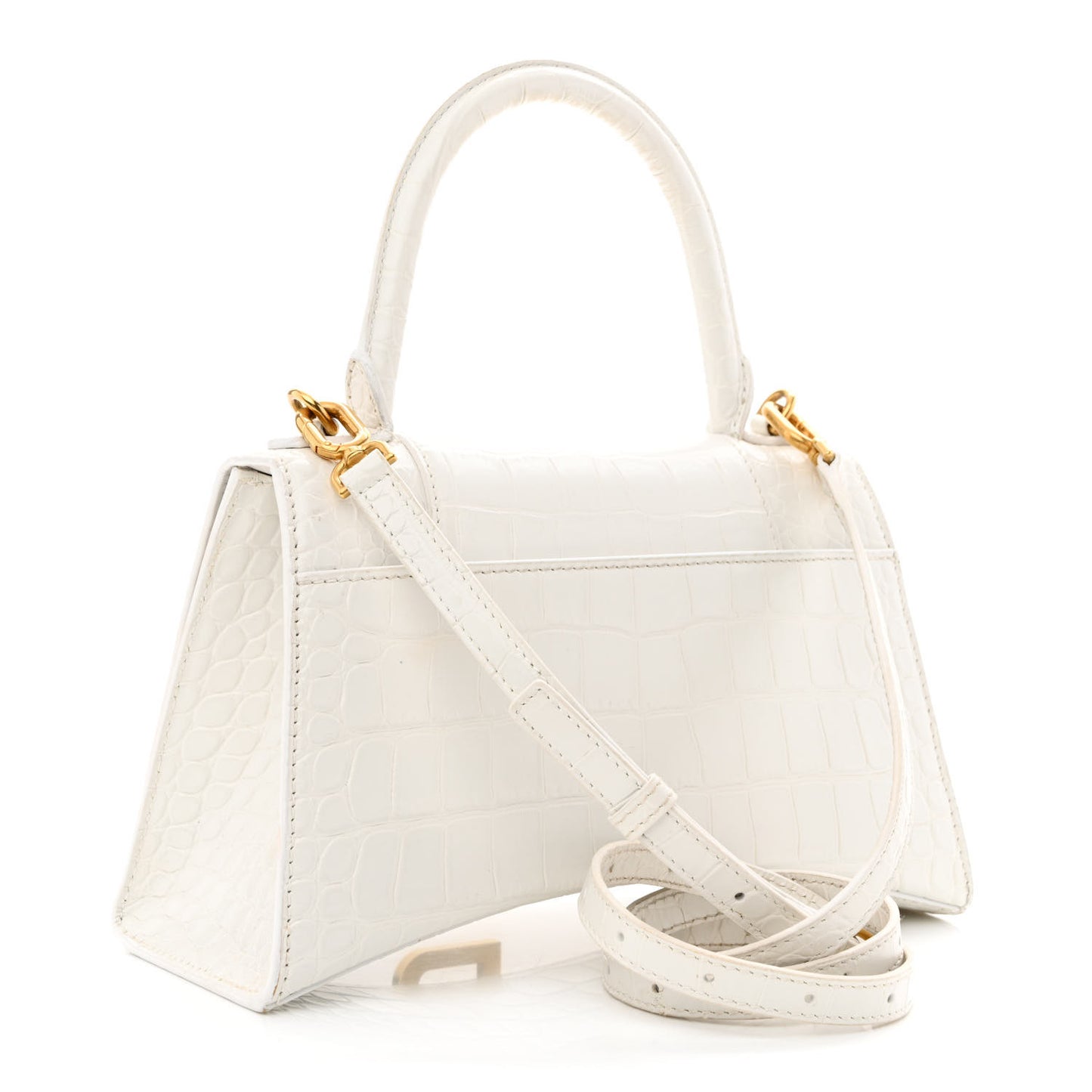 Shiny Calfskin Crocodile Embossed Small Hourglass Top Handle Bag White