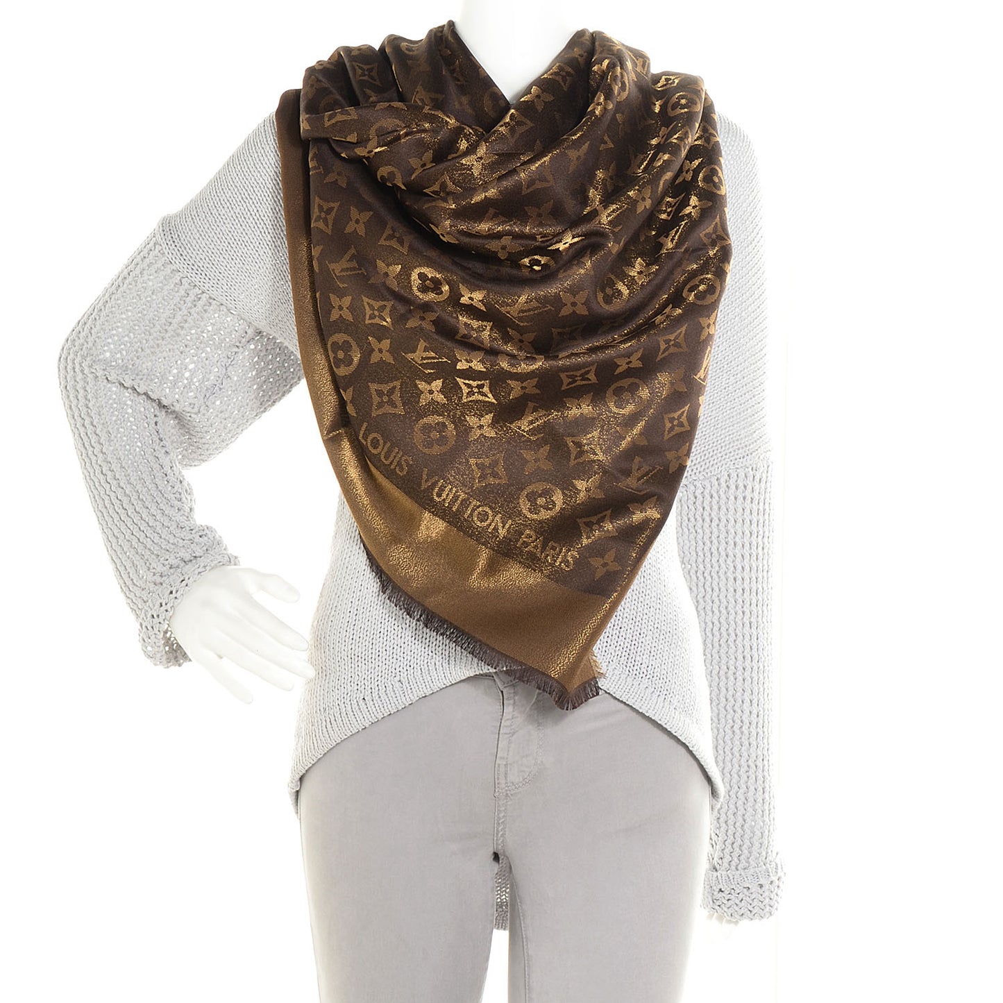 Silk Lurex Wool Monogram Shine Shawl Brown