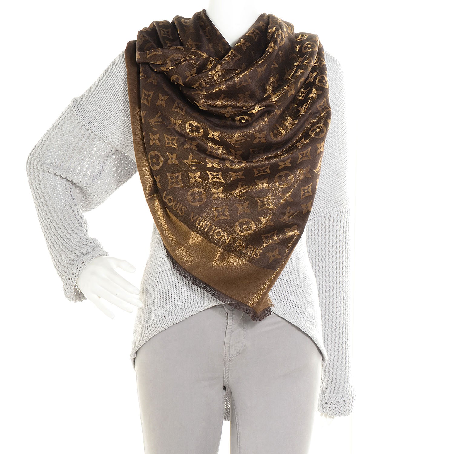 Louis Vuitton Silk Lurex Wool Monogram Shine Shawl Brown 2 of 5