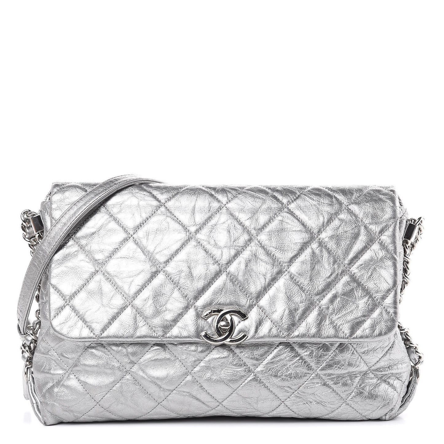 Metallic Crumpled Calfskin Big Bang Flap Bag Silver