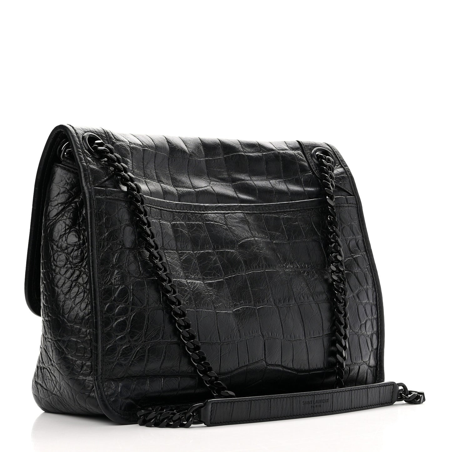 Crinkled Calfskin Crocodile Embossed Monogram Medium Niki Chain Satchel Black